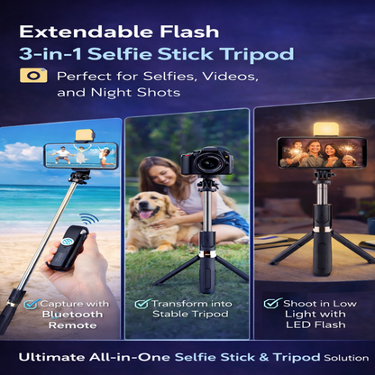 Extendable Flash 3-in-1 Selfie Stick Tripod with Bluetooth Remote
